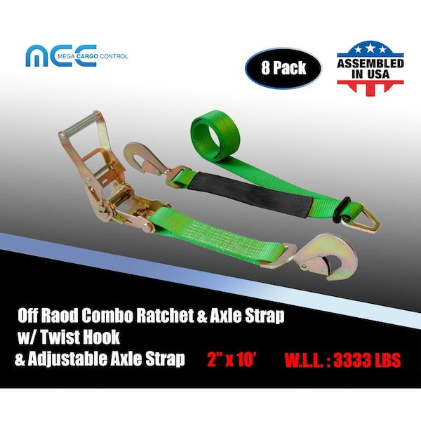Axle Ratchet Tie Down Strap w/ Snap Hook Race Car Hauler Trailer Flatbed Green, 8PK